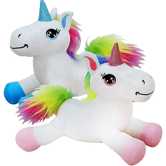 ArtCreativity Mini Stuffed Animals Lying Unicorn Plush Toys Set of 2 Soft Cuddly Unicorn Toys for Girls and Boys Cute Home Bedroom Nursery Decor Princess Gifts for Kids 7" Long
