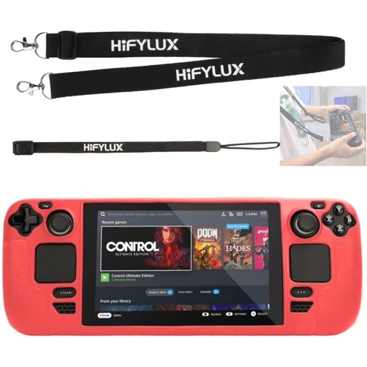 Ferbao Silicone Protective Case for Steam Deck Game Console with Adjustable Strap & Hand Strap, Anti-Scratch Anti-Slip Protection Kit (Red)