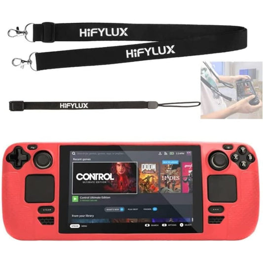 Ferbao Silicone Protective Case for Steam Deck Game Console with Adjustable Strap & Hand Strap, Anti-Scratch Anti-Slip Protection Kit (Red)