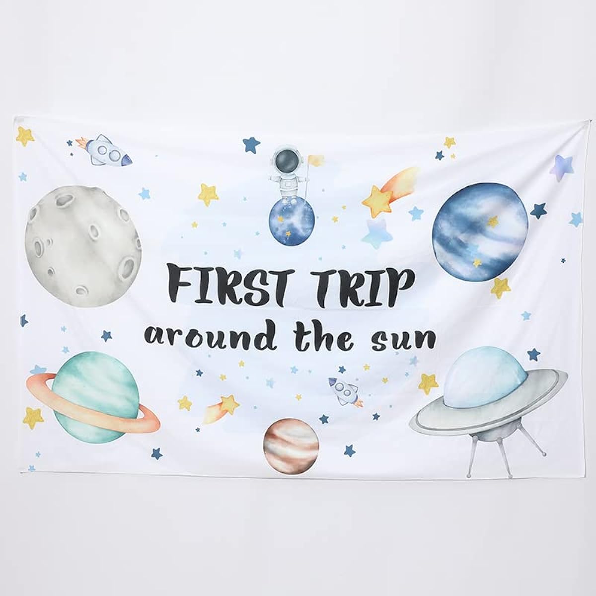 First Trip Around The Sun Space Party Backdrop - Outer Space Theme First Happy Birthday Background - Baby Shower Party Decorations Supplies Banner Backdrop