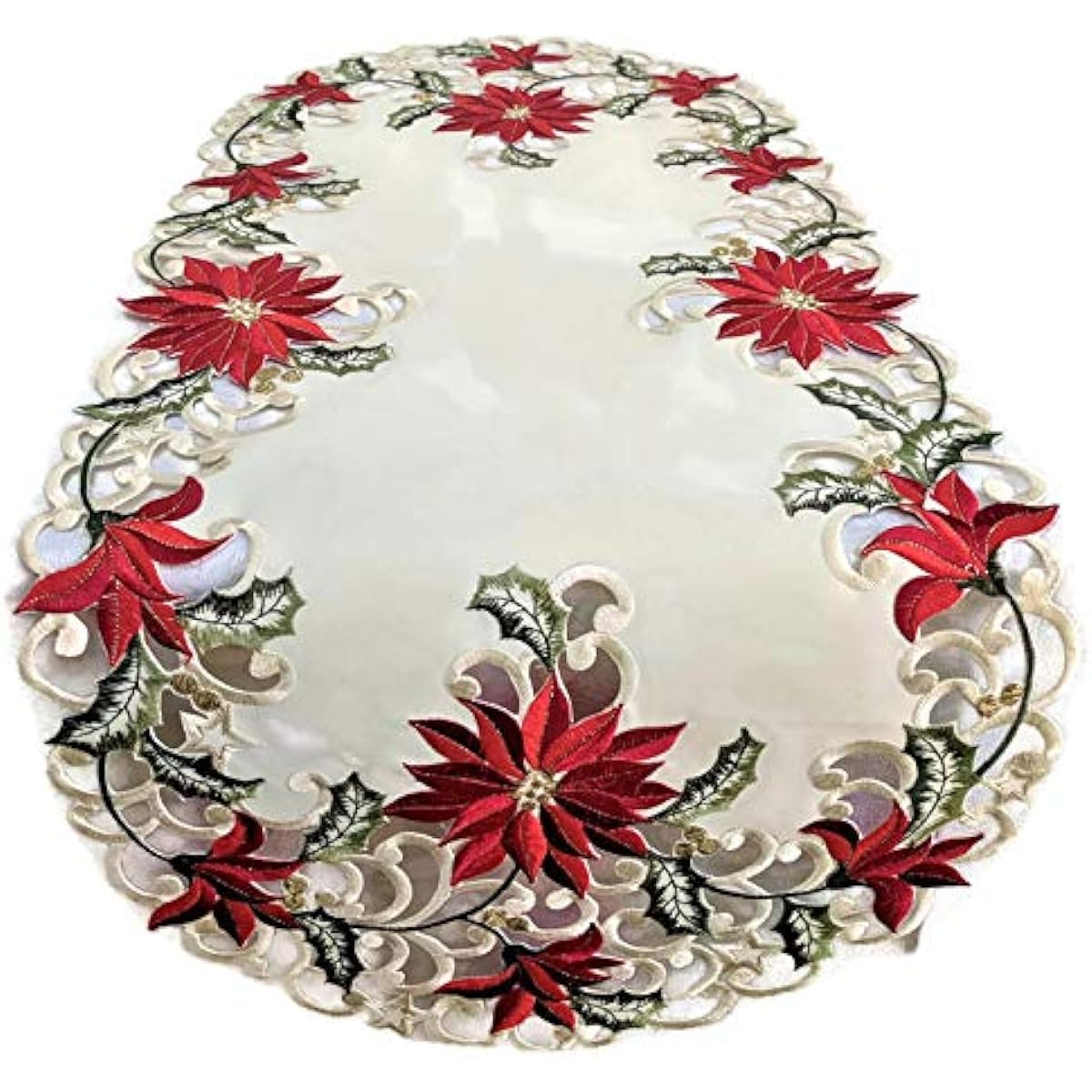 Christmas Table Runner Embroidered with Red Poinsettias on Antique Fabric, Size 70 x 15 Inch