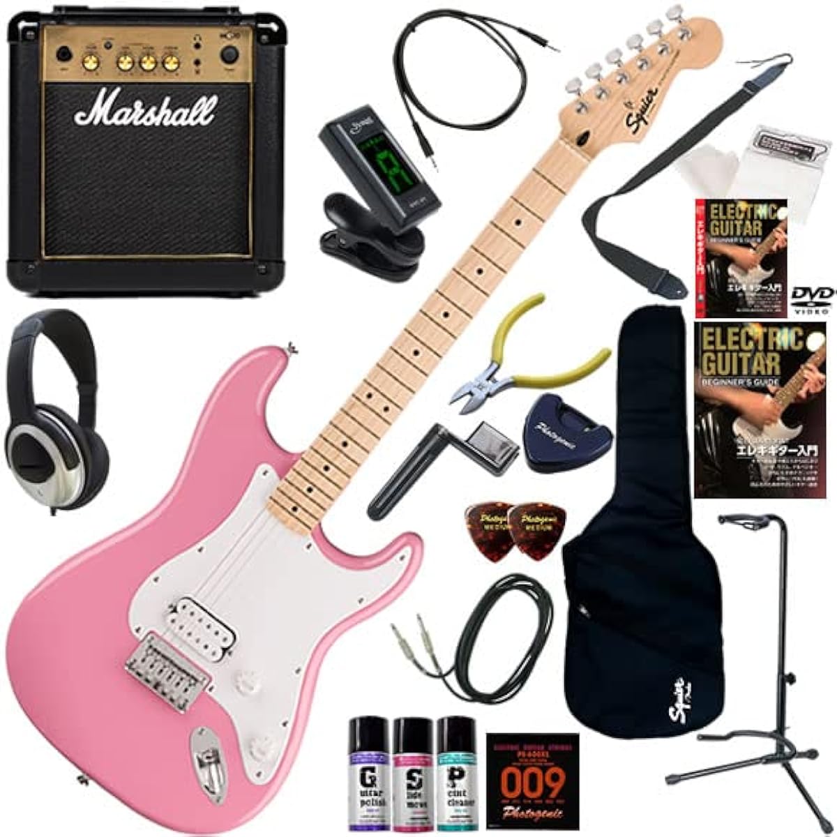 Squier electric guitar beginner's non-tremolo model 20-piece set including the simple yet powerful Marshall MG10 Sonic Stratocaster HT H/FLP (Flash Pink)
