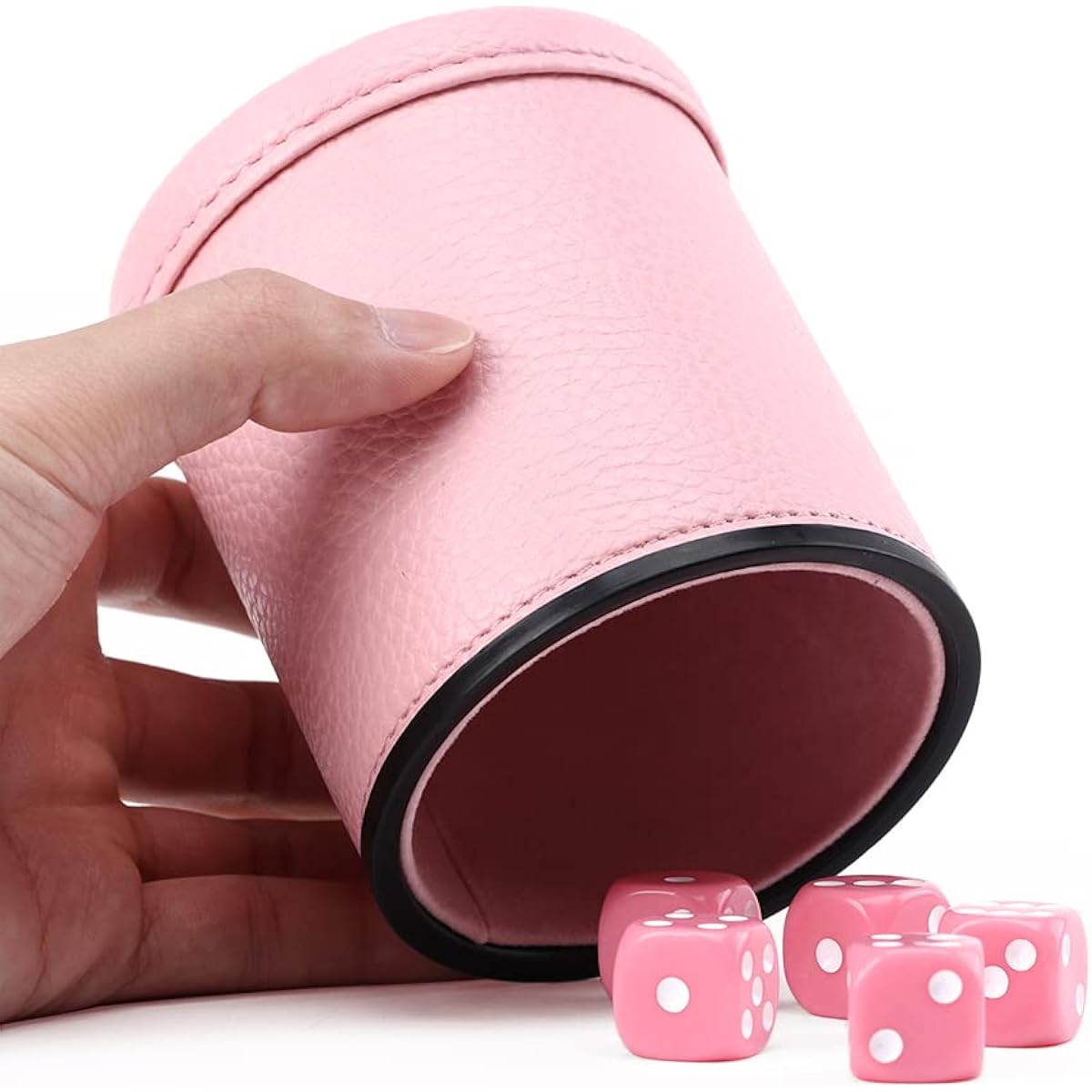 Pink Party Leather Dice Cup with 5 Matching Pink Dice - Pink Velvet Interior for Quiet Swings - Cheetah Dice for Fakir Yahtzee Board Game