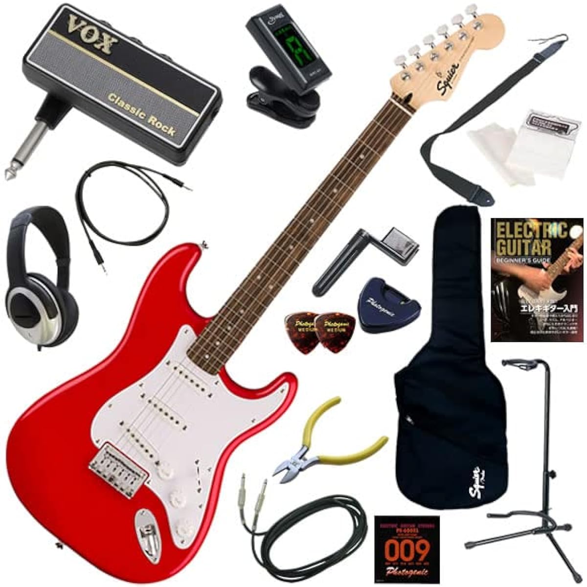 Squier electric guitar beginner's non-tremolo model 16-piece set including headphones, guitar amplifier, and amPlug2 Sonic Stratocaster HT/TOR (Torino Red)
