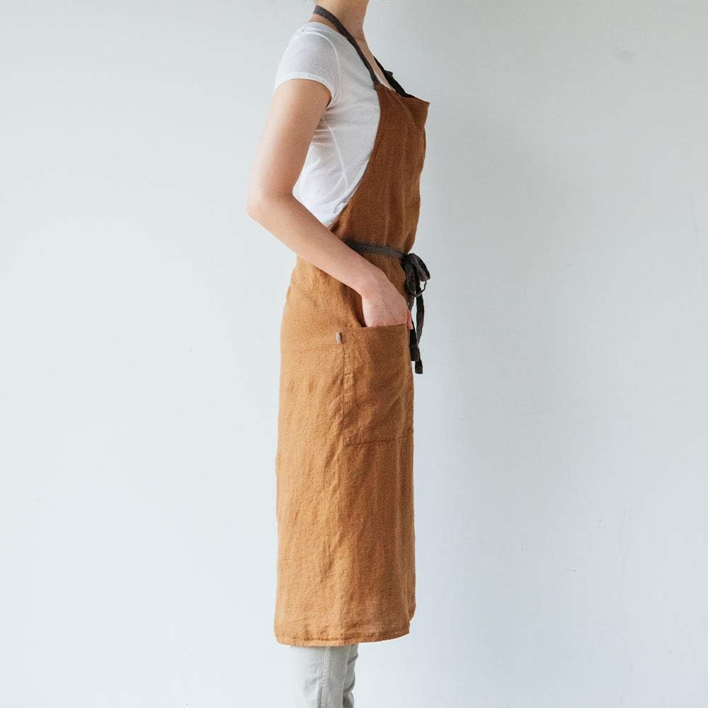 Linen full apron Manon <Brown ocher> A325 [Lino e Lina/Lino e Lina]