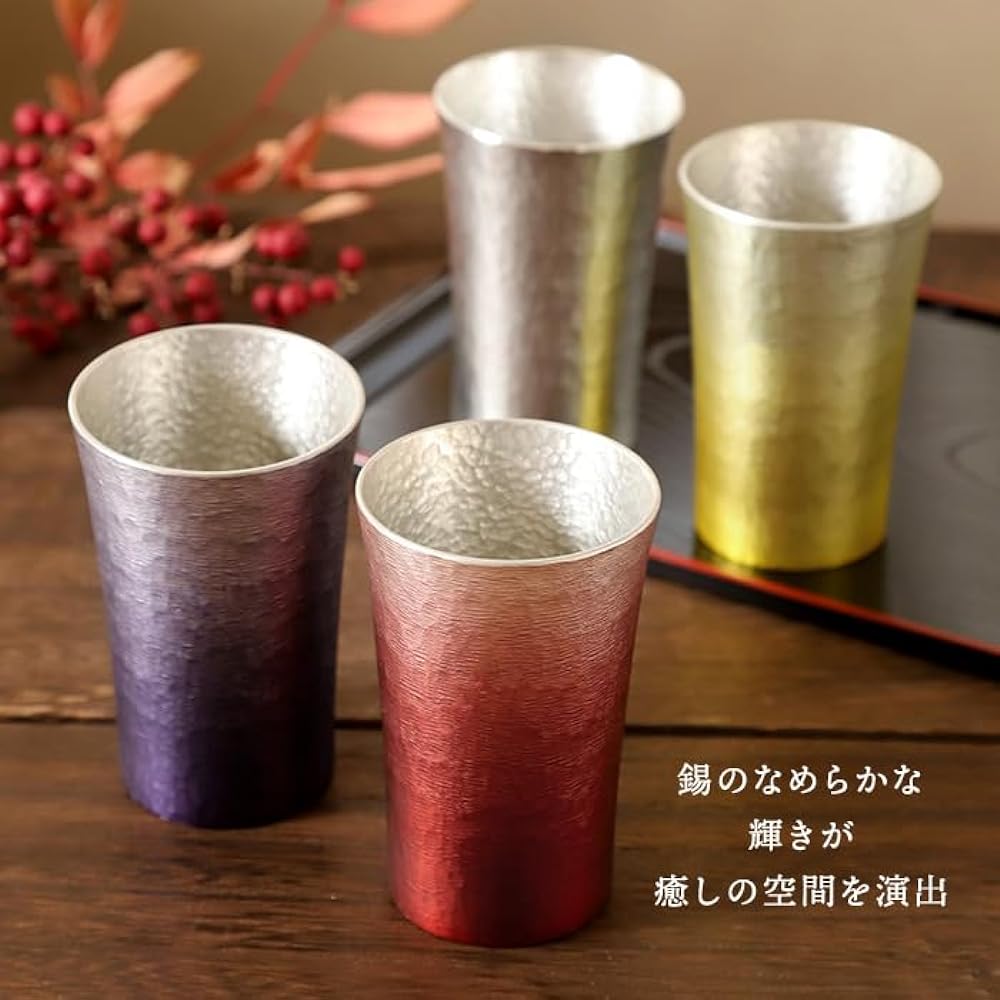 Tin tumbler 200ml in paulownia box with coaster Osaka tinware [Original gift workshop HappySmile] (Purple)