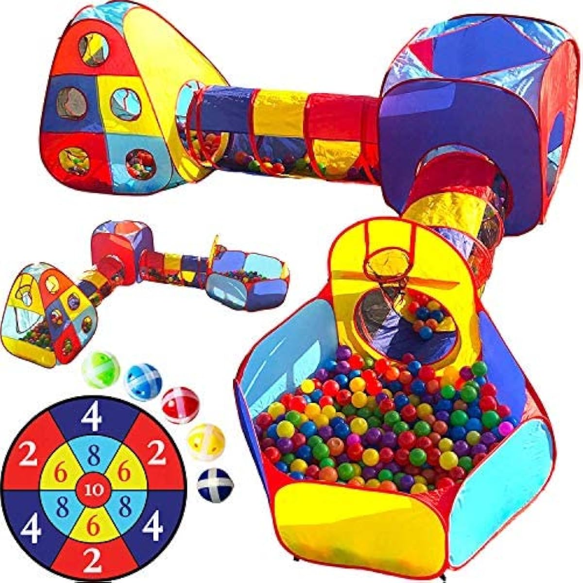 Playz 5-Piece Playhouse Jungle Gym with Pop-Up Tent, Tunnels and Basketball Pit, Zippered Storage Case for Boys, Girls, Babies and Toddlers, Indoor & Outdoor Use