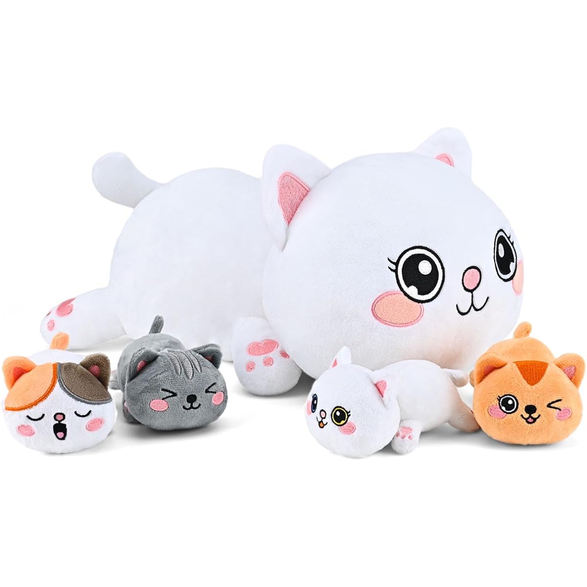 KMUYSL Cat Plush Toy for Ages 3 4 5 6 7 8+ Kids - Mama Cat with 4 Kittens in Her Tummy, Christmas Birthday Gift for Babies, Toddlers, Girls, Boys