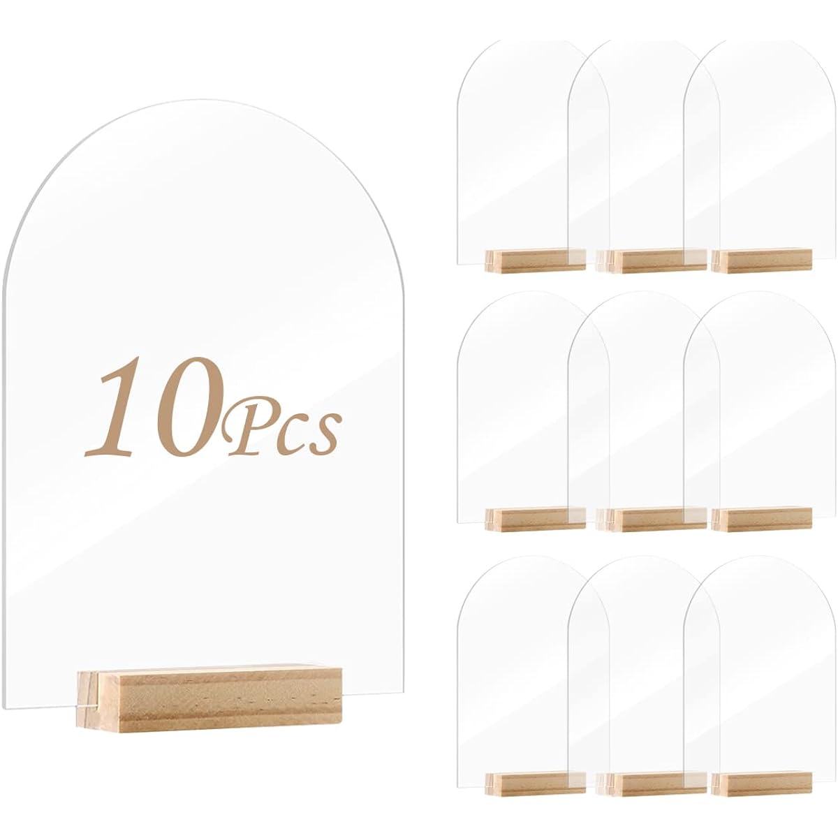 WATHFKCU Clear Arch Acrylic Sign with 10 Wooden Stand Holders DIY Acrylic Blank Table Number Sign for Wedding Coffee Menu Sign Centerpiece Decoration Pack of 10 (5 x 7 inches)