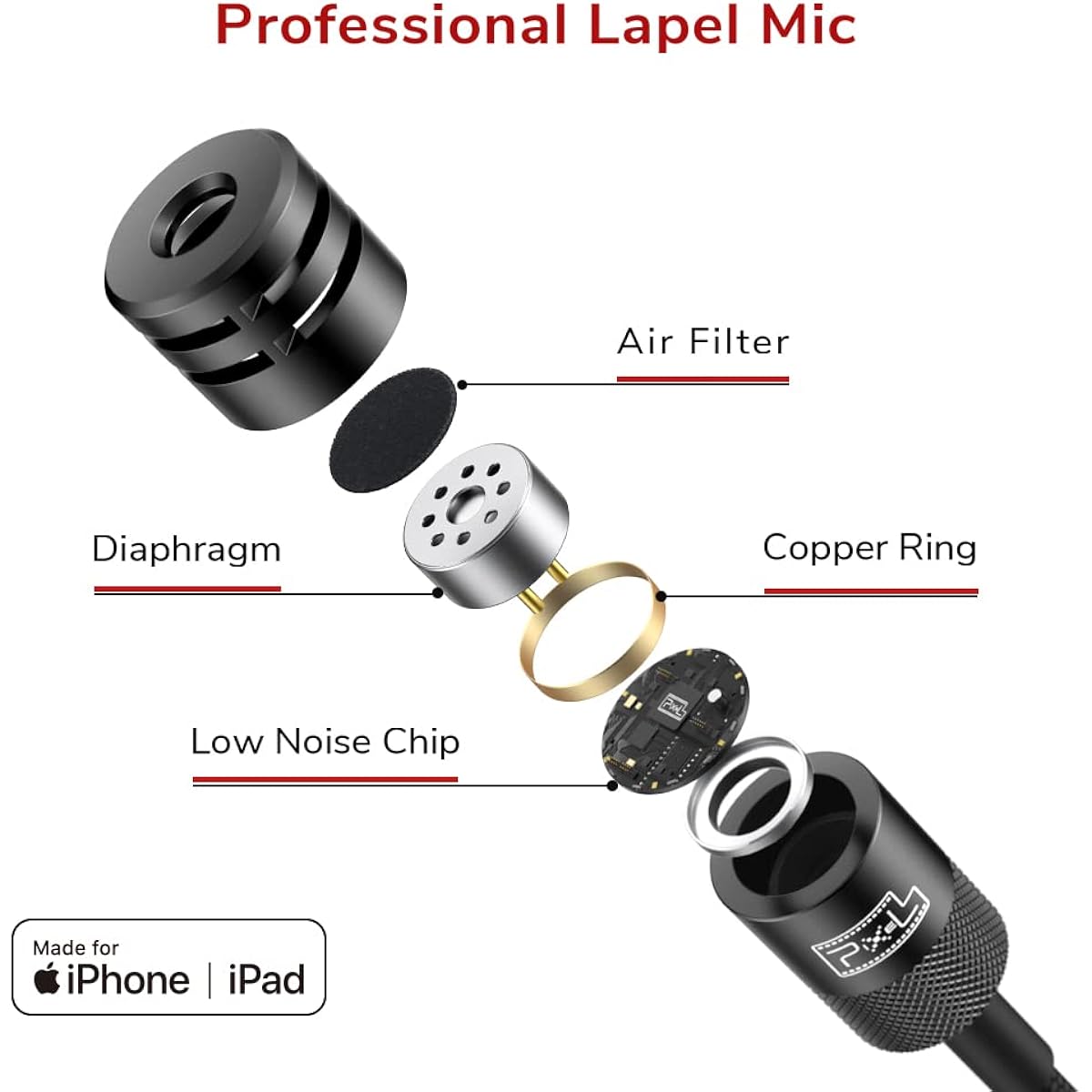PIXEL Lavalier Microphone Compatible with iOS (1.5m)