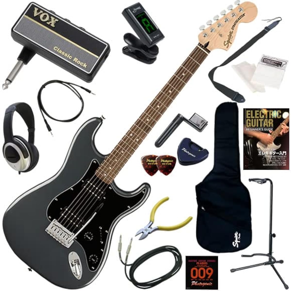Squier Electric Guitar Beginner's 16-piece set including headphones, guitar and amPlug2 amplifier Affinity Stratocaster HH/CFM (Charcoal Frost Metallic)