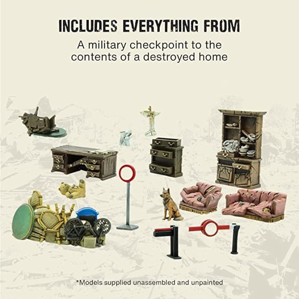 Warlord Games - Bolt Action Debris of Battle 28mm Miniature Scenery with 3 Military Checkpoints, Destroyed Home & Wall, Sandbag and Digital Bundle - WW2 Diorama Model Kit