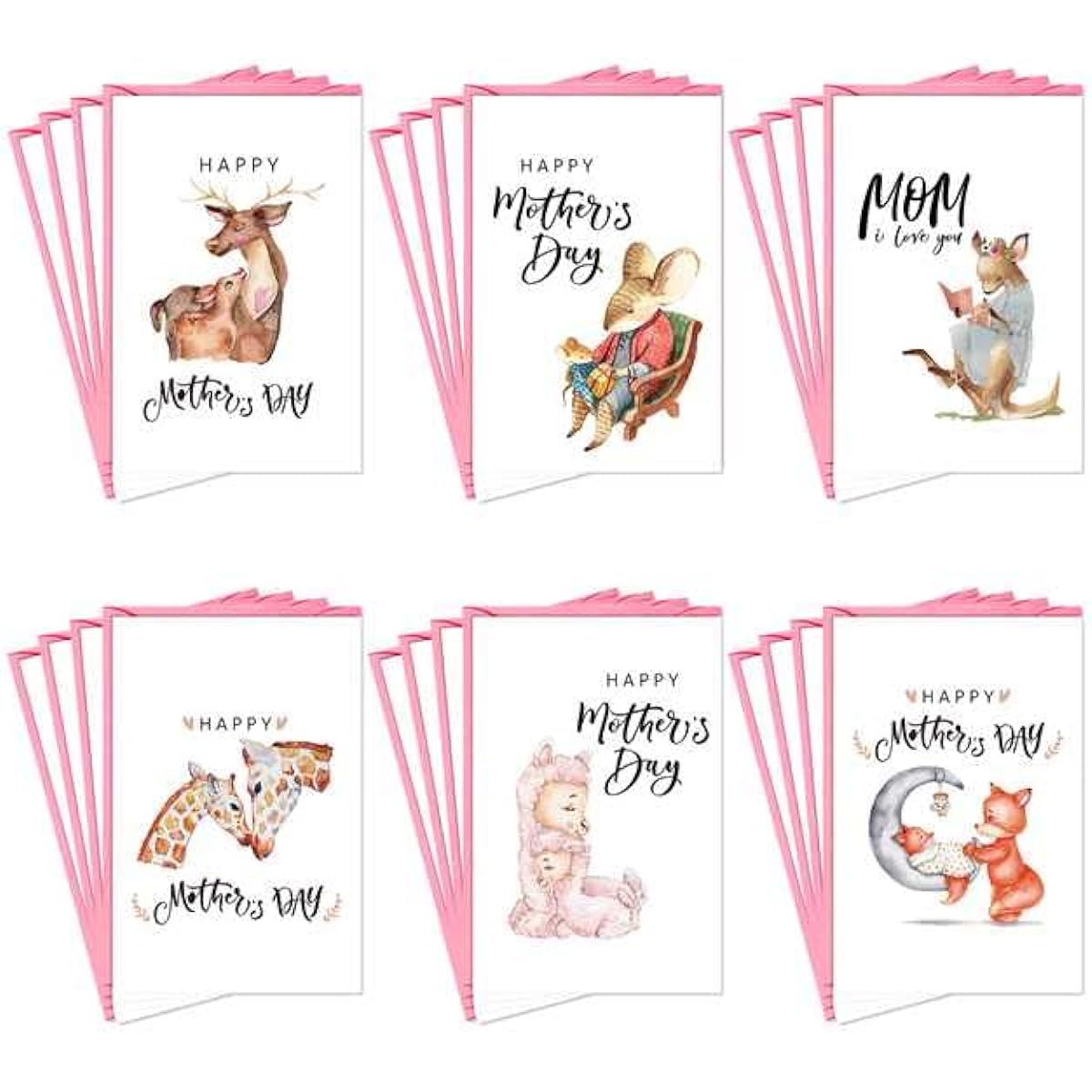 Whaline Assorted Mother's Day Greeting Cards, 24 Pack Mother's Day Note Cards with Envelopes, 6 Designs, Cute Animal Themed Postcards for Women, Gifts for Mothers, 4 x 6 Inches