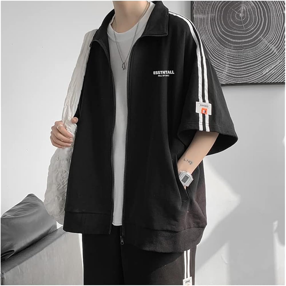 [ANGELCITY] Summer Short Sleeve Jersey, Men's Sweatshirt, Top and Bottom Set, Plain, Half Sleeves, Shorts, Setup, Open Front, Zipper Top, Shot Pants, 2 Piece Set, Summer Clothes, Autumn Clothes, Sportswear, Loungewear, Running Wear, Large Size L283
