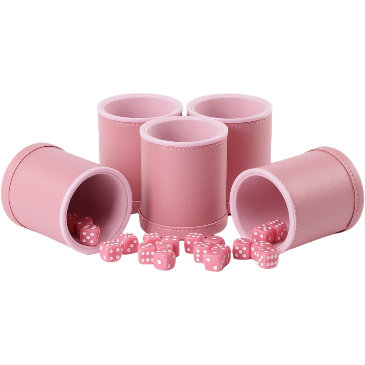 PU Leather Dice Cup Velvet Felt Lined Shaker Cup with 5 Dot Dice and 25 Dot Dice for Bar Party Yahtzee Farkle Dice Game, Pink