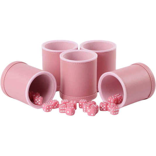 PU Leather Dice Cup Velvet Felt Lined Shaker Cup with 5 Dot Dice and 25 Dot Dice for Bar Party Yahtzee Farkle Dice Game, Pink