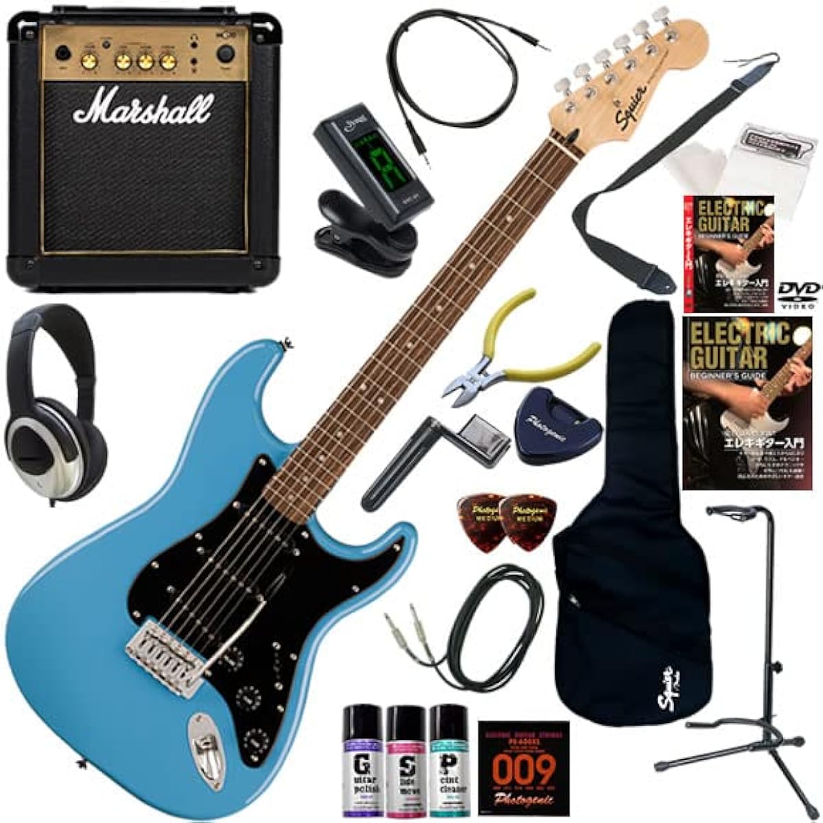 Squier Electric Guitar Beginner's 20-piece set including the simple yet powerful Marshall MG10, Sonic Stratocaster/CAB (California Blue)