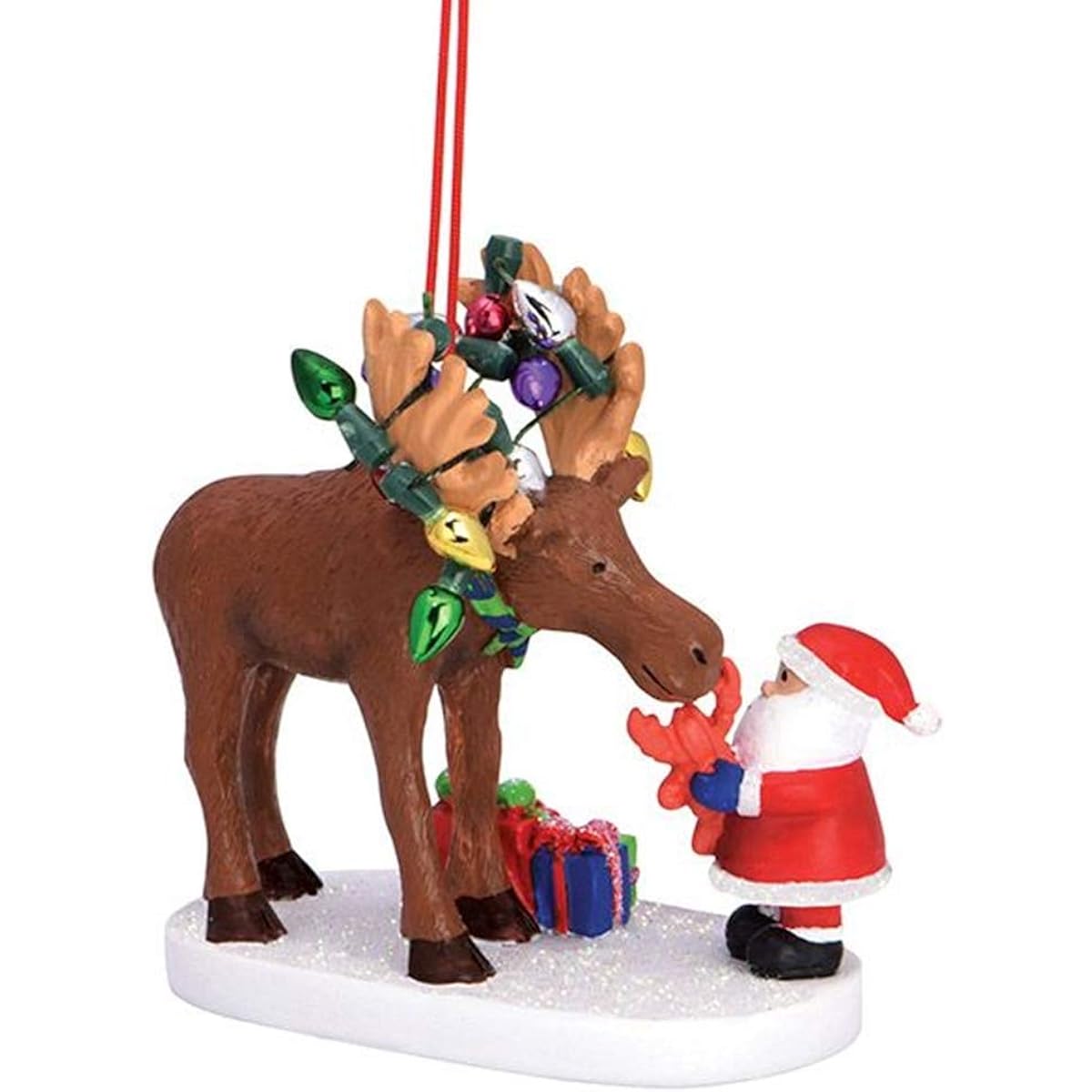 Resin Santa Claus Lobster Feeding Moose Festive Christmas Tree Ornament 3 1/4 Inch