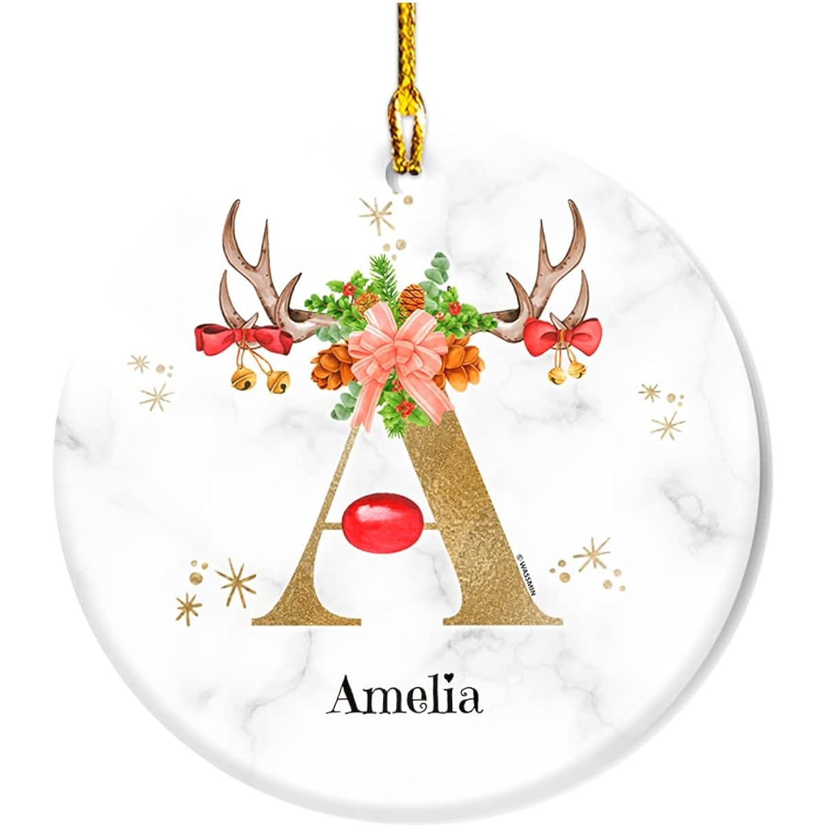 Wassmin Personalized Initial Ornament Reindeer Monogram First Christmas Acrylic Christmas Ornament Decoration Custom Initials Name Gift Christmas Wedding Party Kids Women Christmas Decoration