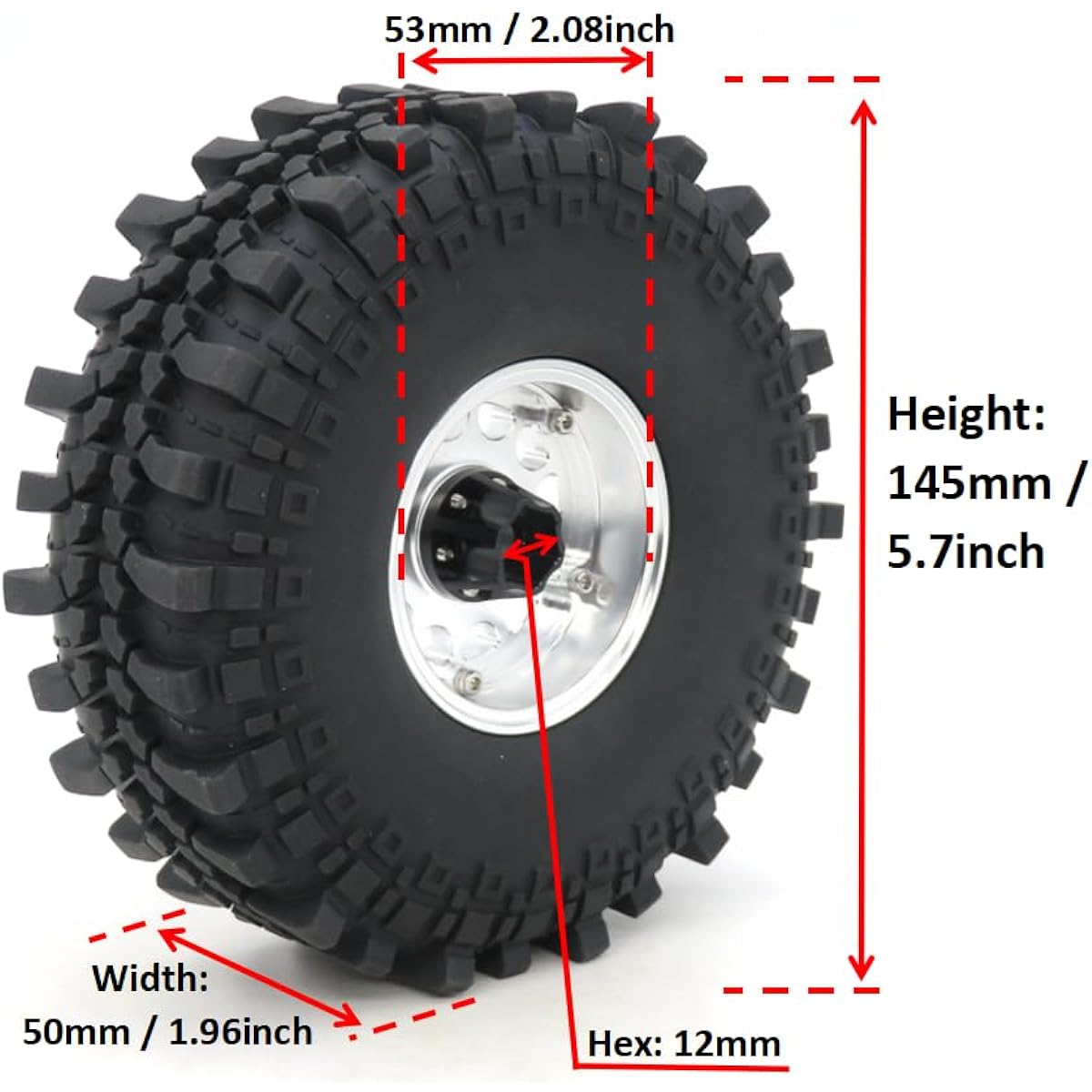 HOBBYSOUL RC Adjustable 4 Offset 2.2 Beadlock Wheels and Tires Silver 2.2 Rims 5.7" / 145mm Tall Tires for RC Mud Rock Crawler Axial Capra Lift (4 Pack Pre-Assembled)