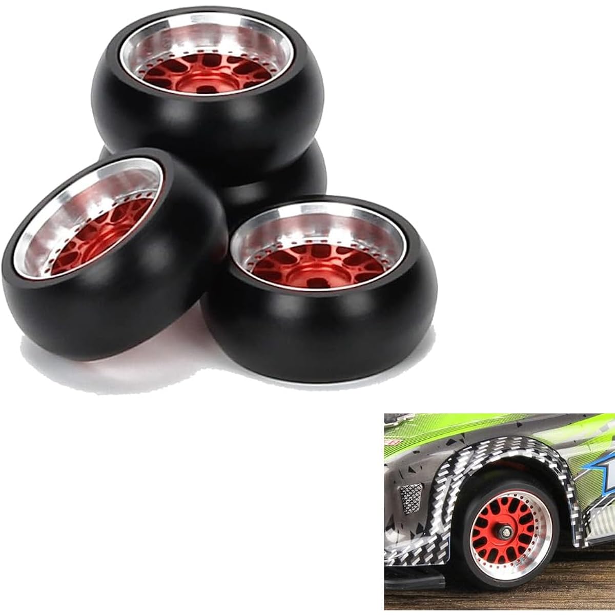RCAWD Alloy Rim Wheels Classic Drift Tires OD 27mm 4pcs for 1/28 Wltoys K969 K989 P929 Kyosho Mini-Z Mini-Q Mini-D Upgrade Parts (Red)