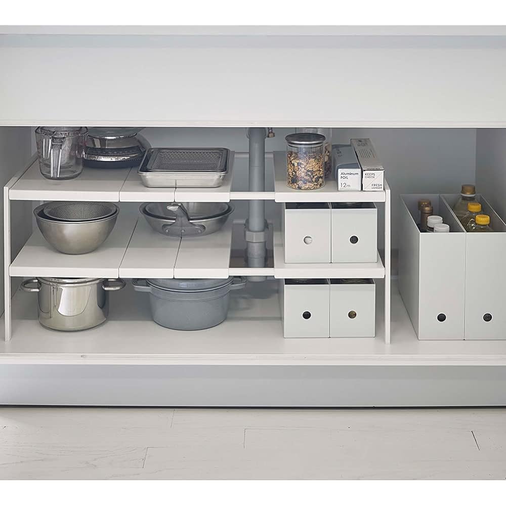 Yamazaki Jitsugyo Telescopic Under Sink Rack 2 Tiers D40 White Approx. W50~85 x D40 x H35 cm Tower Under Sink Storage 6 Levels Height Adjustment Width Adjustment 4950