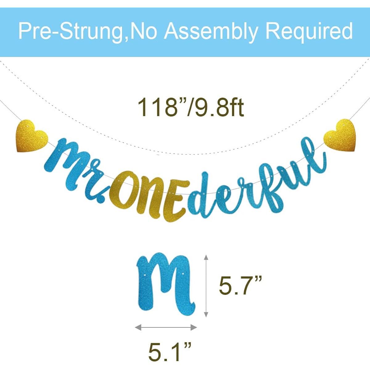 Mr. Onederful Banner Pre-Strung No Assembly Funny Blue Glitter Paper Party Decorations 1st Birthday Party Supplies Letters Blue ABCpartyland
