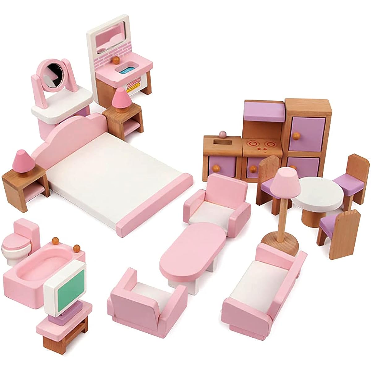 22 Pieces Wooden Dollhouse Furniture Accessories 1:12 Scale Wooden Toys Dollhouse Furniture Girl Dolls for Living Room Kitchen Dining Room Bedroom Bathroom