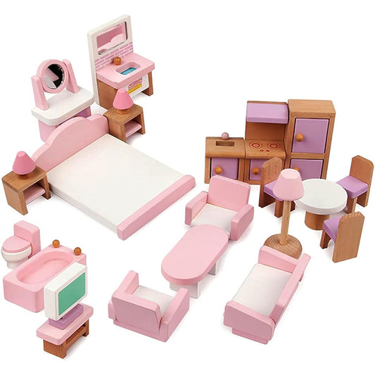 22 Pieces Wooden Dollhouse Furniture Accessories 1:12 Scale Wooden Toys Dollhouse Furniture Girl Dolls for Living Room Kitchen Dining Room Bedroom Bathroom