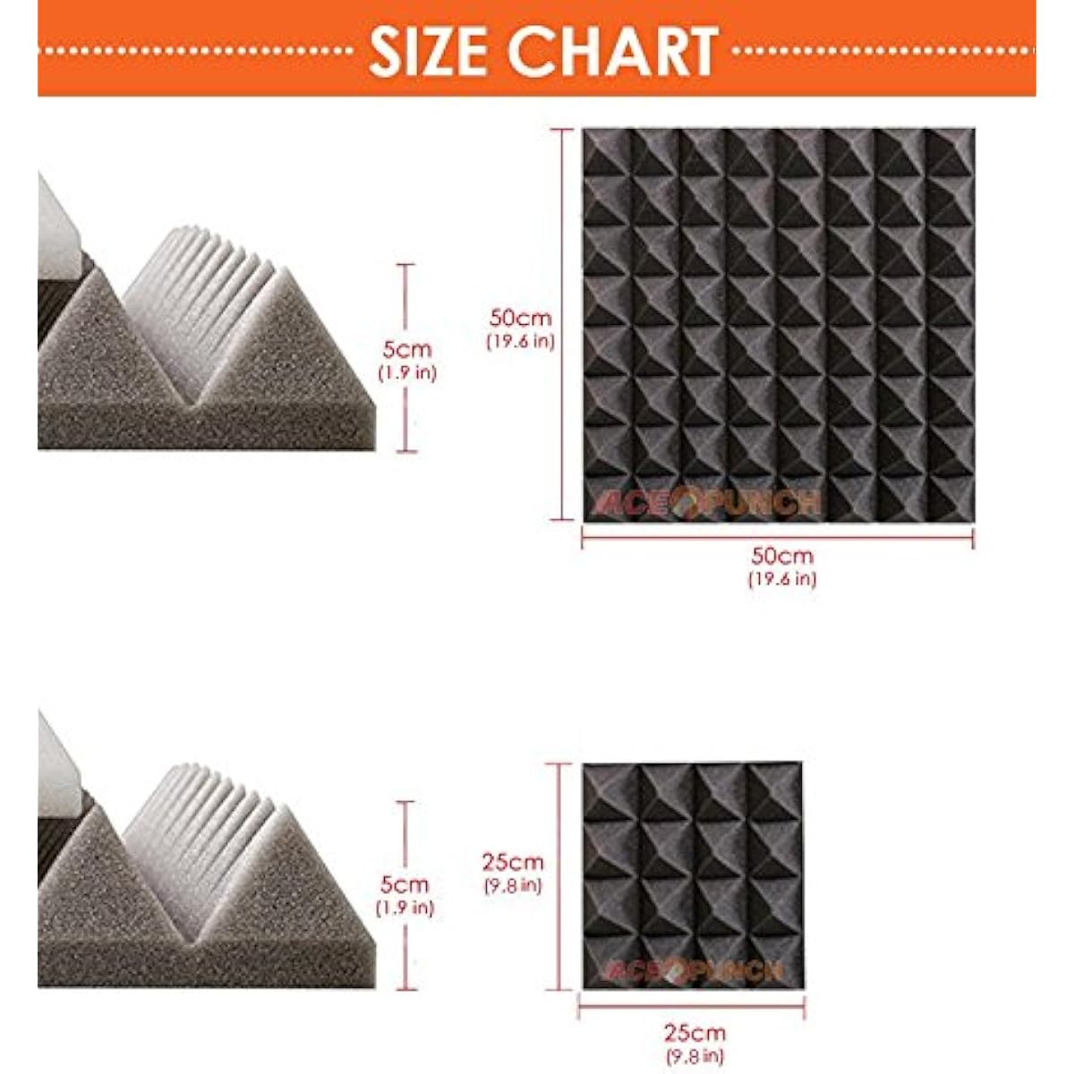 Acepunch 16-Pack Color Cobianchion Pyramid Acoustic Foam Panels DIY Design Studio Soundproof Wall Tile Sound Insulation with Free Mounting Tabs 9.8" x 9.8" x 1.9" AP1034, 9.8" x 9.8" x 1.9"