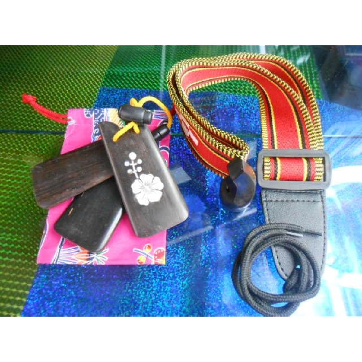 Okinawan sanshin strap, Okinawan musical instrument sanshin, ebony nails