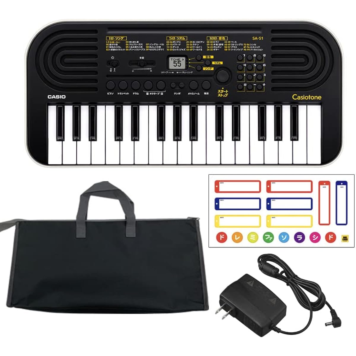 CASIO Mini Keyboard Set [With Name Do Re Mi Sticker] (Body (Black) + Storage Bag (Black) + Dedicated AC Adapter)