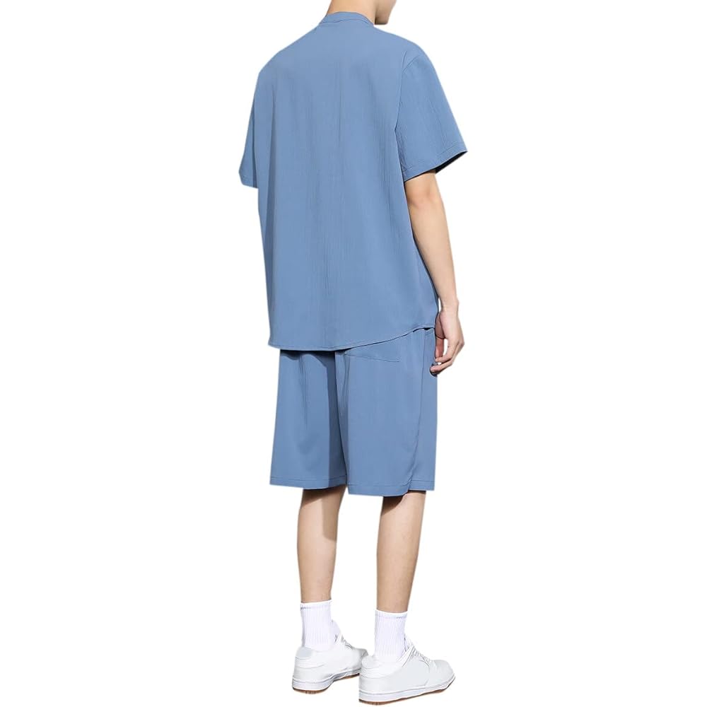 [Mirror You] Men's Jersey, Top and Bottom Set, Short Sleeve T-Shirt, Half-length Pants, Summer, Loose, Japanese Style, Plain