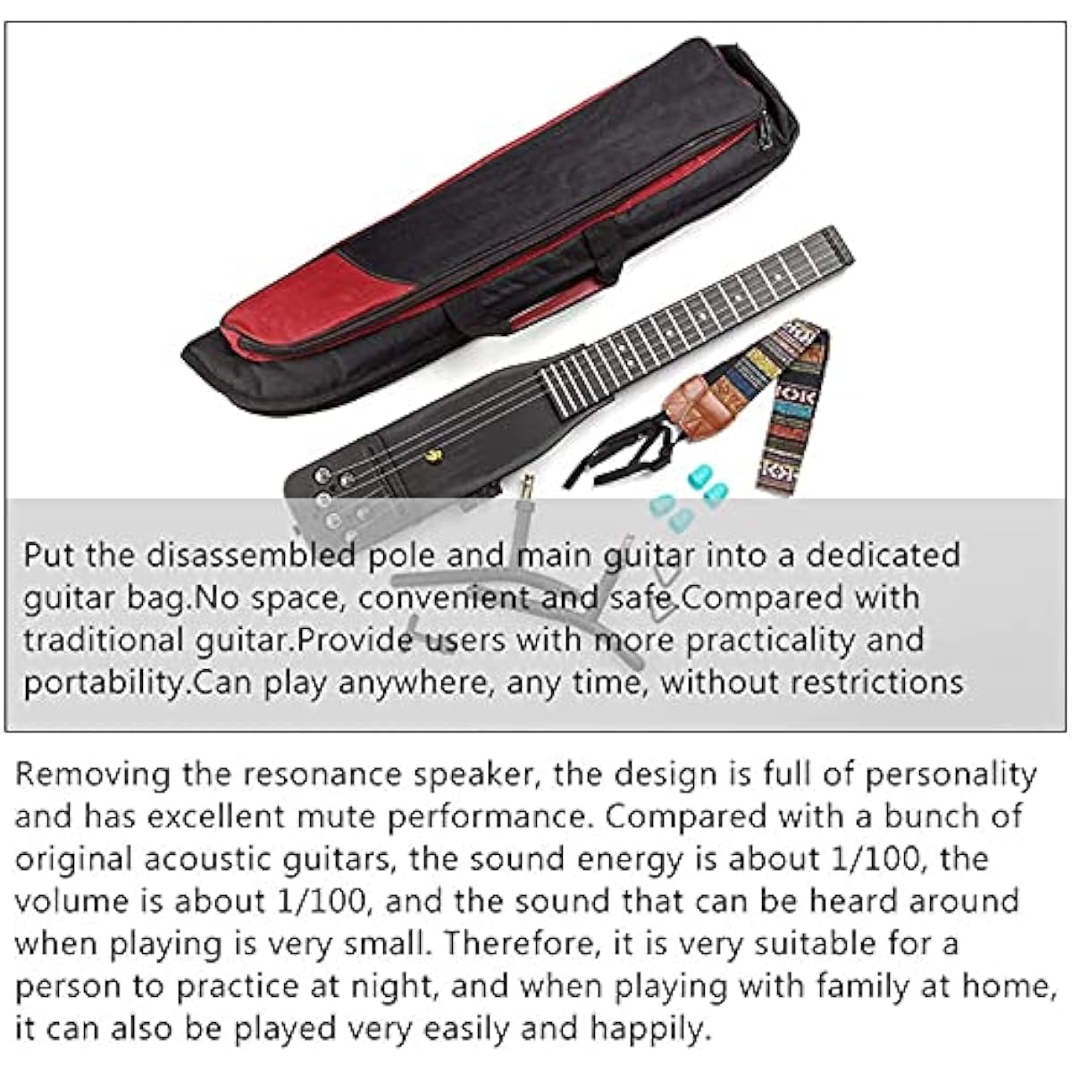 Travel Guitar, Electric Silent Guitar 18 Frets Cool Plastic Practice 6 String Acoustic Guitar Trainer Ultra Lightweight Accessory Tools for Beginners (FVD)
