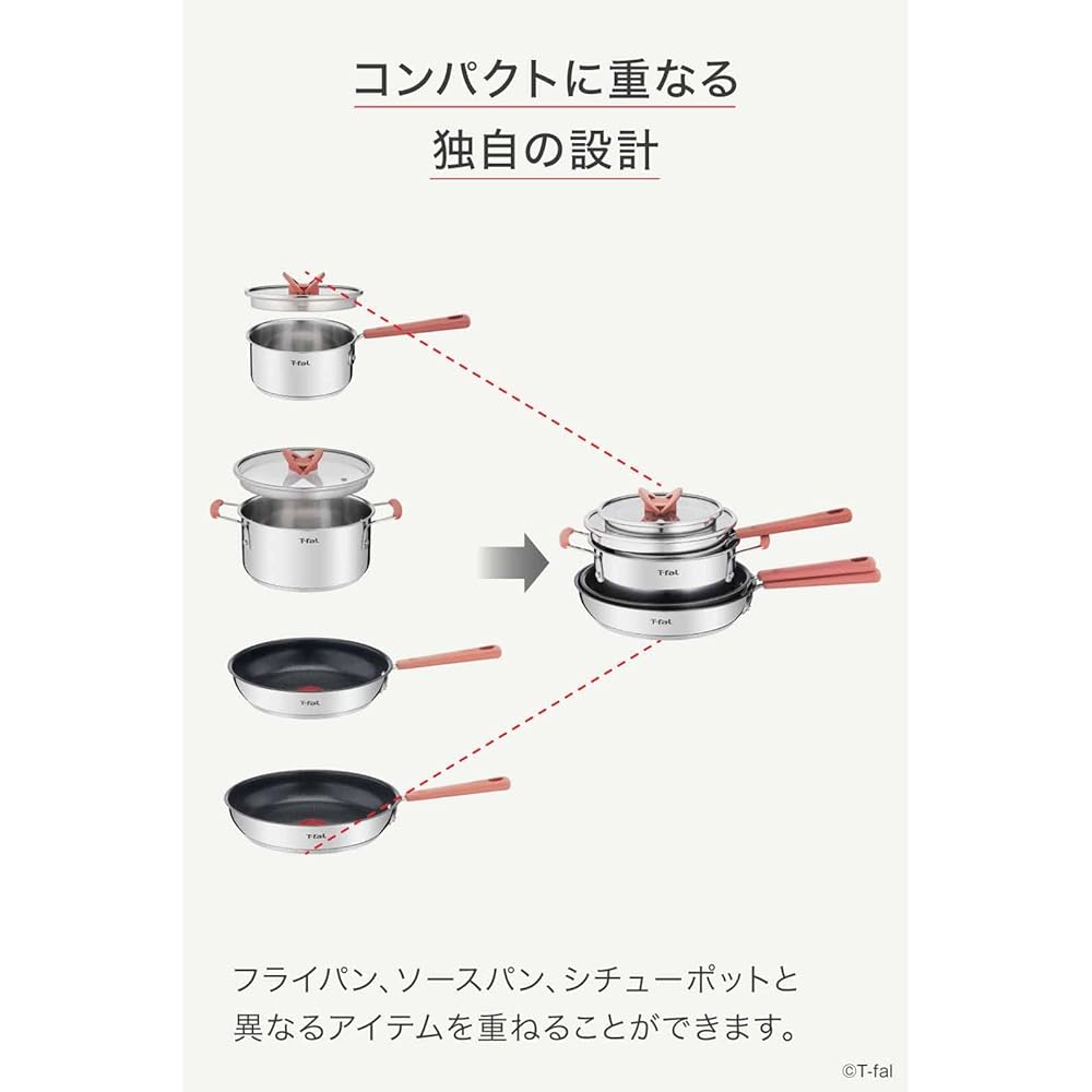 Tefal Pot and Frying Pan Set, 4-piece IH Gas Fire Compatible "Optispace IH Stainless Steel" Non-Stick Stainless Steel G729S4