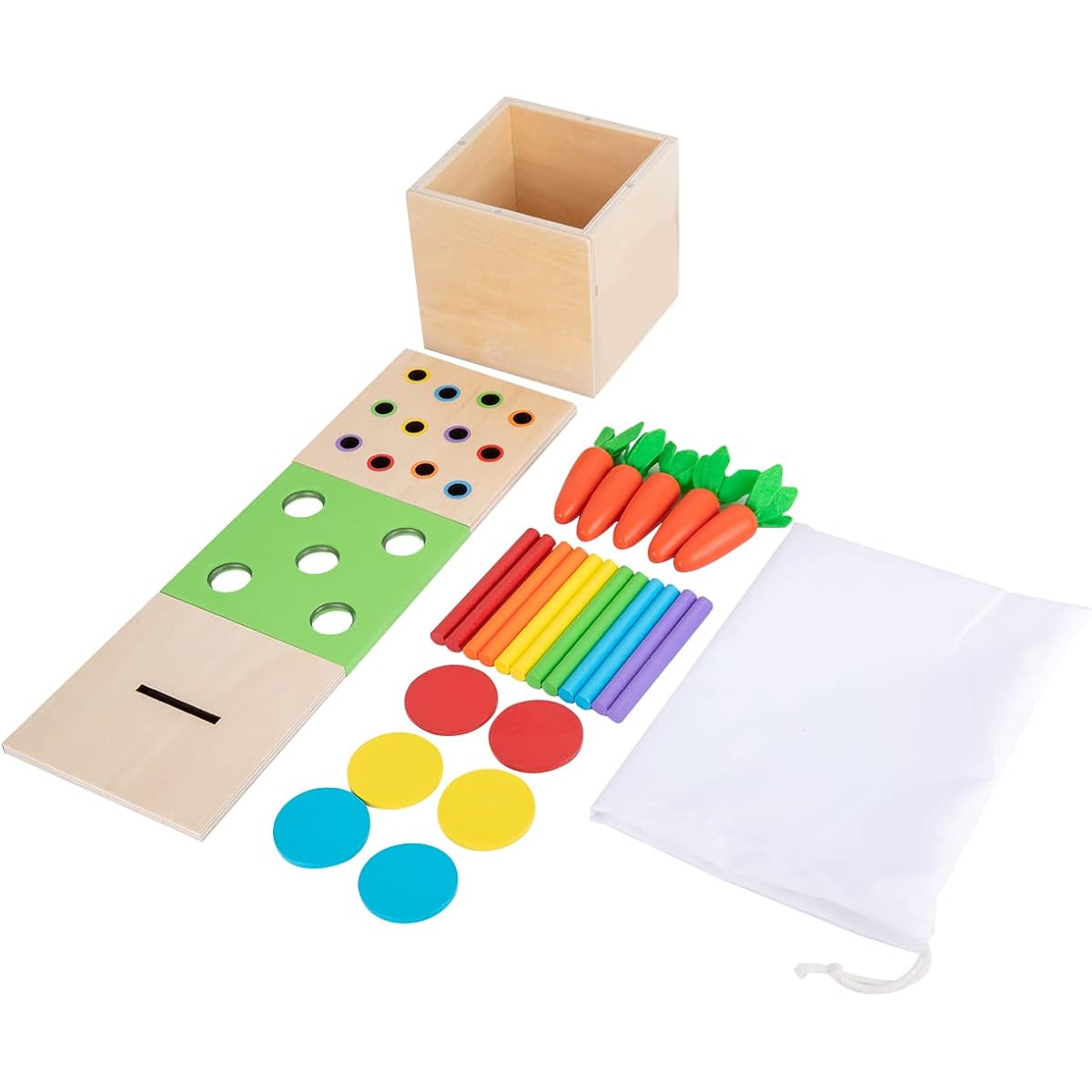 Montessori Toddler Play Kit Montessori Box Toys for 1 Year Old 2 Years Baby Learning Toys Gift Carrot Harvest Game, Matchstick Color Drop Game and Coin Box (3 in 1)