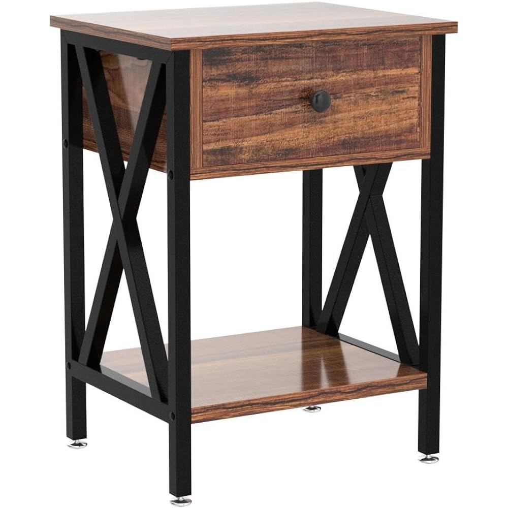 VECELO Side Table, Bedside Table, Night Table, 2 Piece Set, Rustic Brown, Width 40cm x Depth 30cm x Height 55cm, Scandinavian Style, Stylish, Bed Side, Sofa Side, Storage Shelf, Drawer Included, Living Room/Bedroom [Regular Japanese Import] KHD-DC-NS01