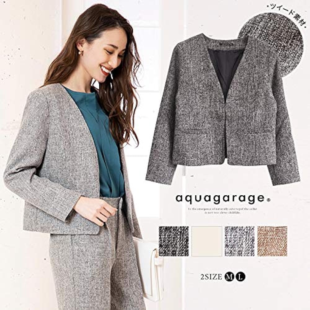 [Aqua Garage] aquagarage Collarless Tweed Jacket Women's Charcoal Off-White Gray Beige M L Spring Summer Autumn Collarless Jacket Formal Office Commuting