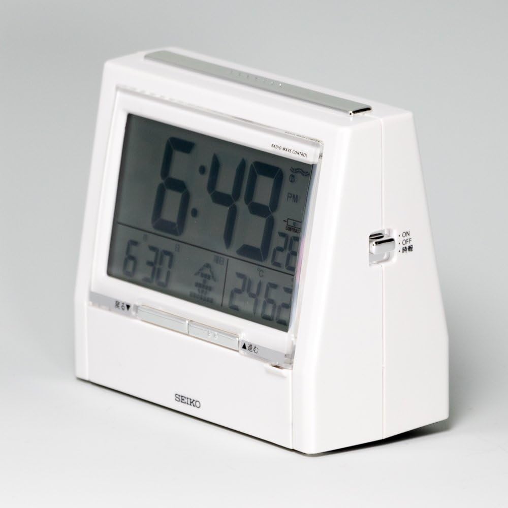 Seiko clock alarm clock TALK LINER audio time signal audio alarm bilingual switching calendar temperature humidity display radio wave digital white pearl DA206W SEIKO