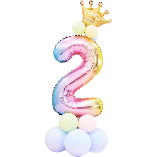 40" Rainbow Big Number 2 Balloons Set Celebration Balloons Helium Foil Balloons Latex Balloons Macron Balloons Crown Balloons Inflator Decorations Party Supplies for Birthday Party Anniversary