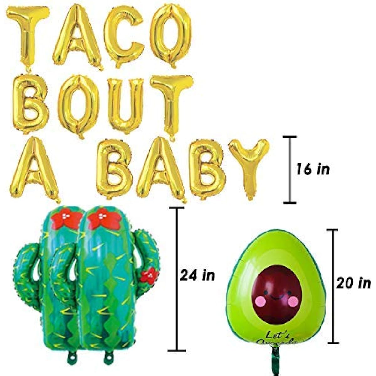 16" Gold Foil Balloons Taco Pigeon Baby Cactus Avocado Party Supplies Decoration Fiesta Theme Baby Shower Pregnancy Announcement Letter Balloon Gender Reveal Party Supplies (Pack of 16)