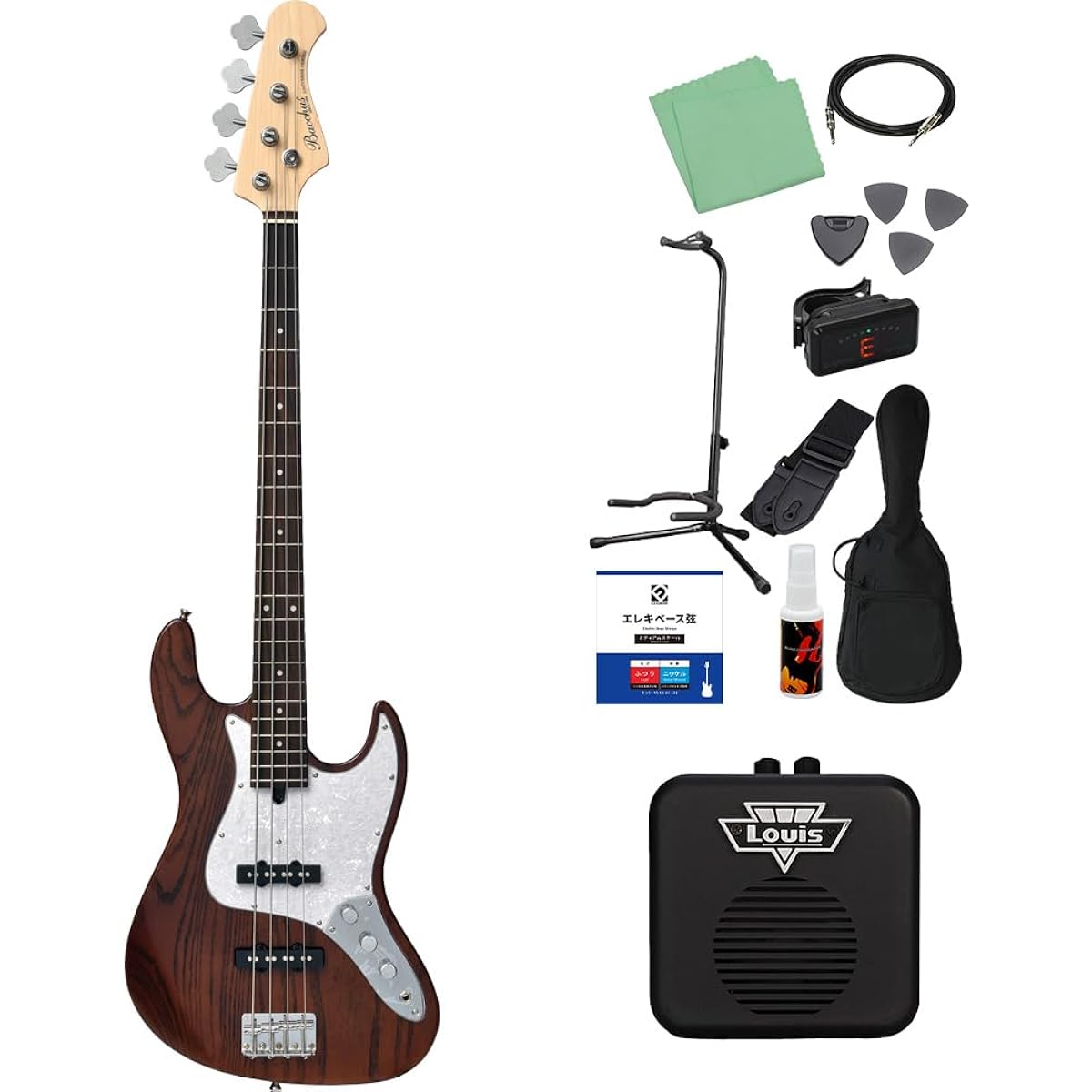 Bacchus WJB-500R ASH BR/SM Brown Satin Matte Bass Beginner 12-piece Set [With Mini Amplifier] Jazz Bass Type Bacchus