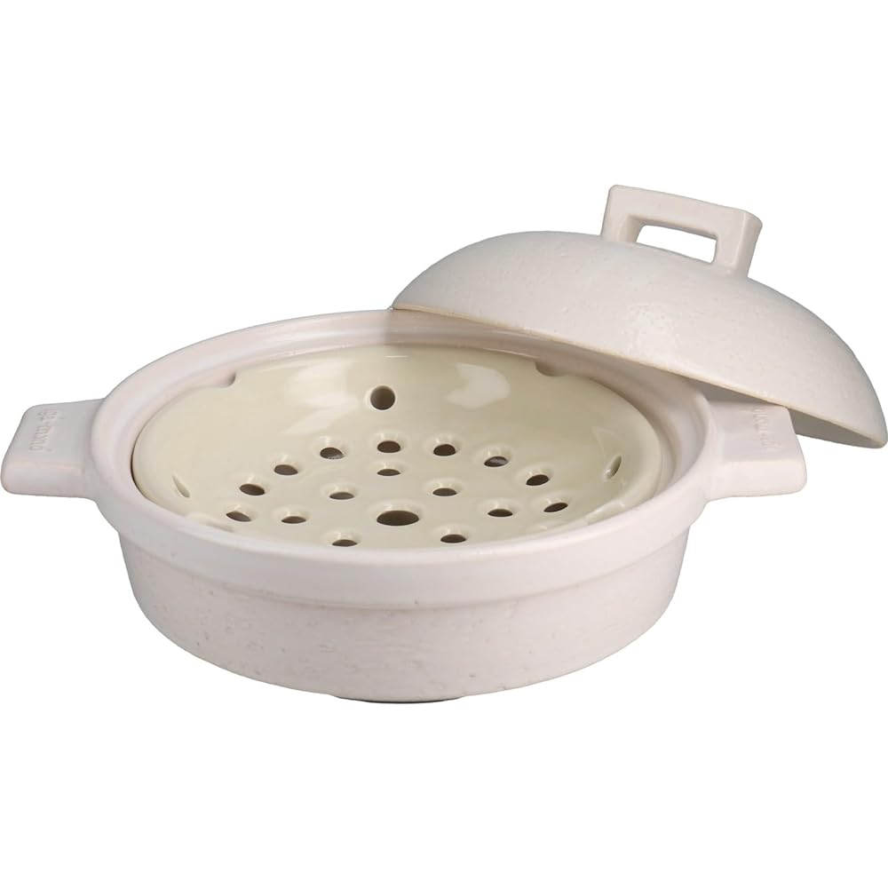 Nagaten IH Compatible Earthen Pot Bistro Steam Pot Steamer Pot Small For 2-3 People Approx. 23cm Approx. 1200ml IH Direct Fire Range Oven OK White AIC-31