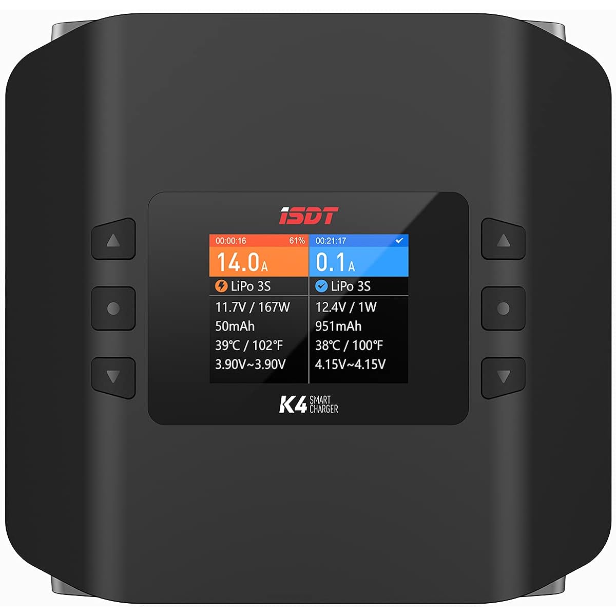 ISDT K4 High Power Lipo Battery Balance Charger Discharger Dual Channel AC400W/DC600Wx2 1-8S Life Lilon LiPo LiHv Pb NiMH Smart Battery Balance Charger App Control