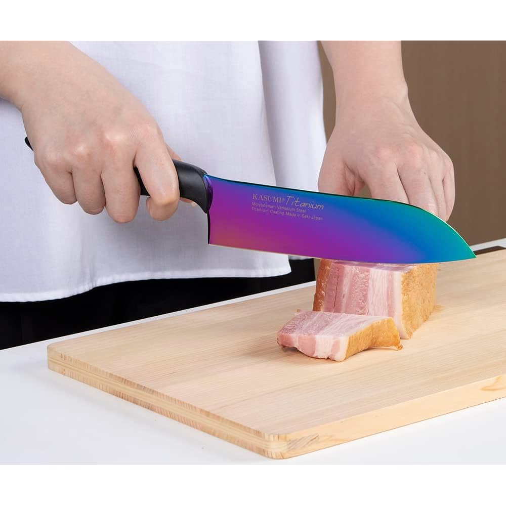 SUMIKAMA Kasumi Knife Titanium Coating Santoku Knife Made in Japan 18cm All Purpose Knife Rust Resistant Sharpness Color Opal Made in Seki City KASUMI 22018/RA
