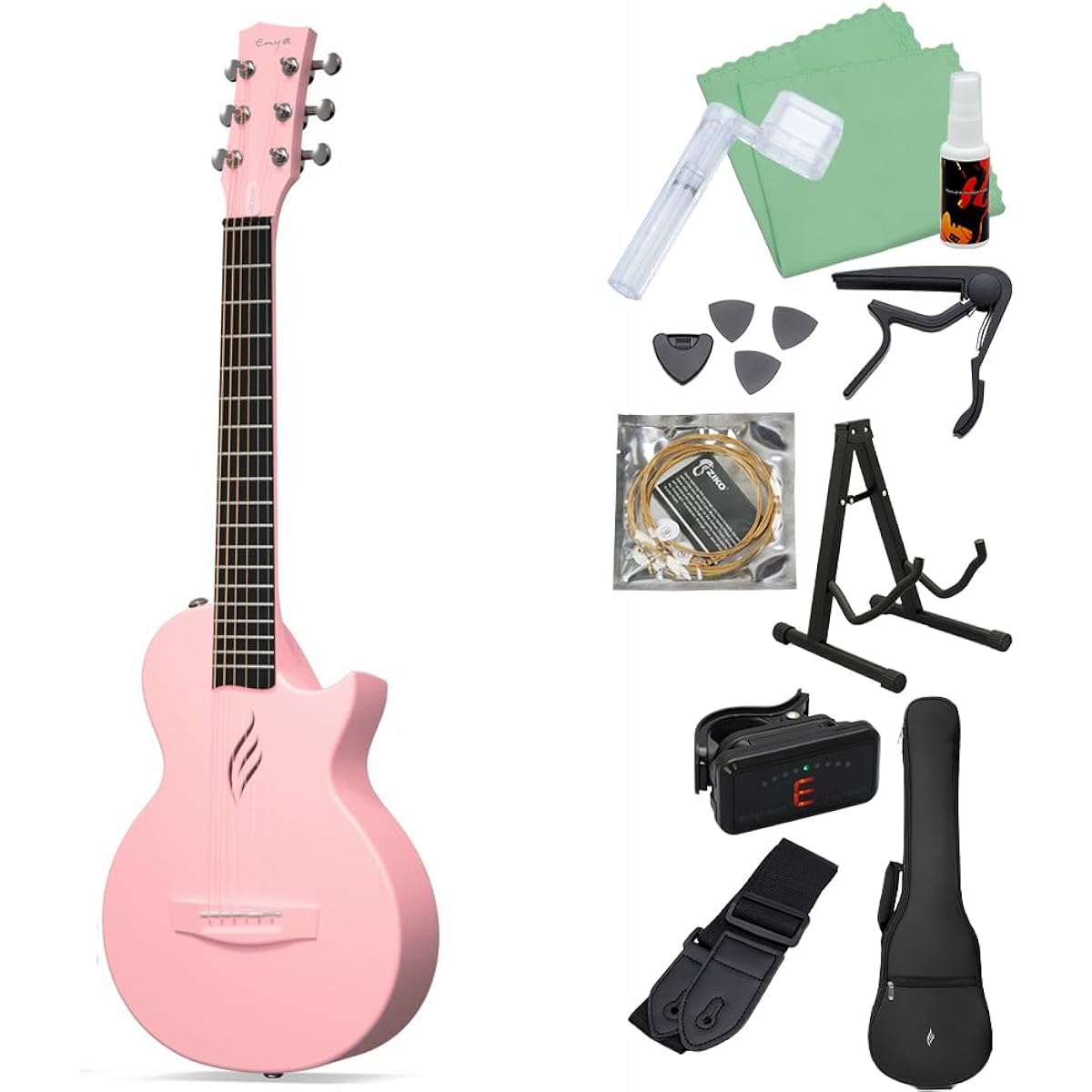 ENYA NOVA GO Mini Acoustic Guitar Beginner 12-Piece Set Pink Mini Guitar Carbon Fiber Lightweight Thin Body [Official Japanese Product] Enya