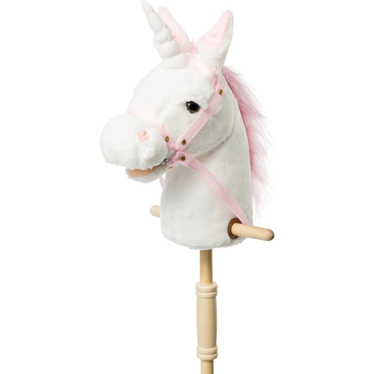 HollyHOME Plush Unicorn Stick Horse with Wooden Wheels, Real Pony, Sounds of Crouching and Galloping, Stuffed Animal, White, 37 Inch (Requires AA Batteries)