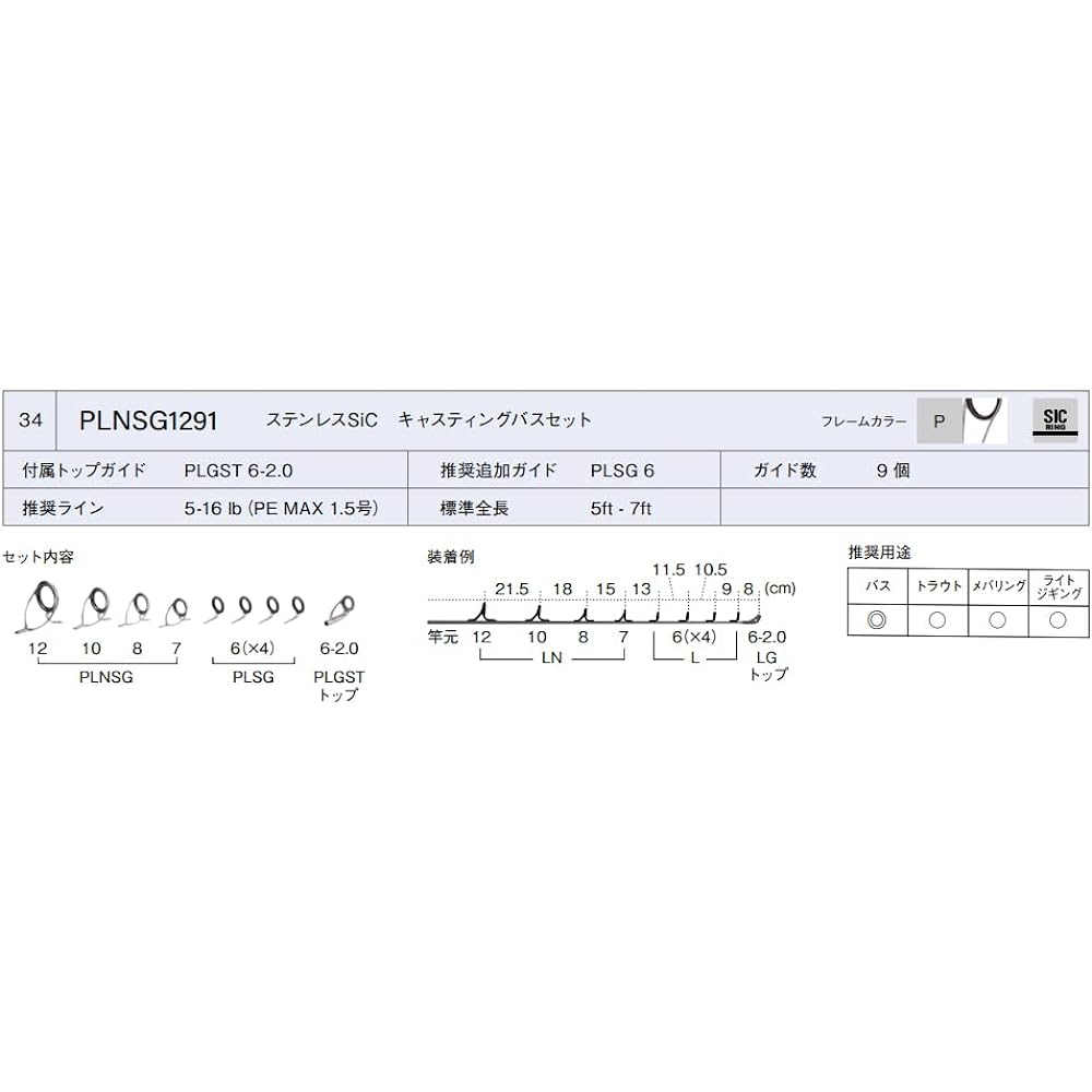 FUJI KOGYO Stainless steel SiC guide set for lure bait casting rod PLNSG1291