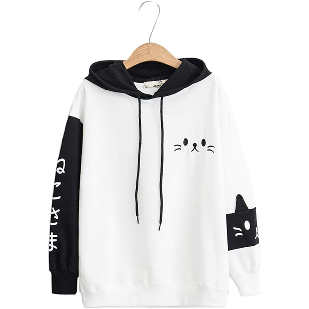 [El Stoppastow] Women's Parka, Spring and Autumn, Cat Embroidery, Loose, Cat Ears, Mori Girl, Pullover, Hooded, Student Parka, Cute