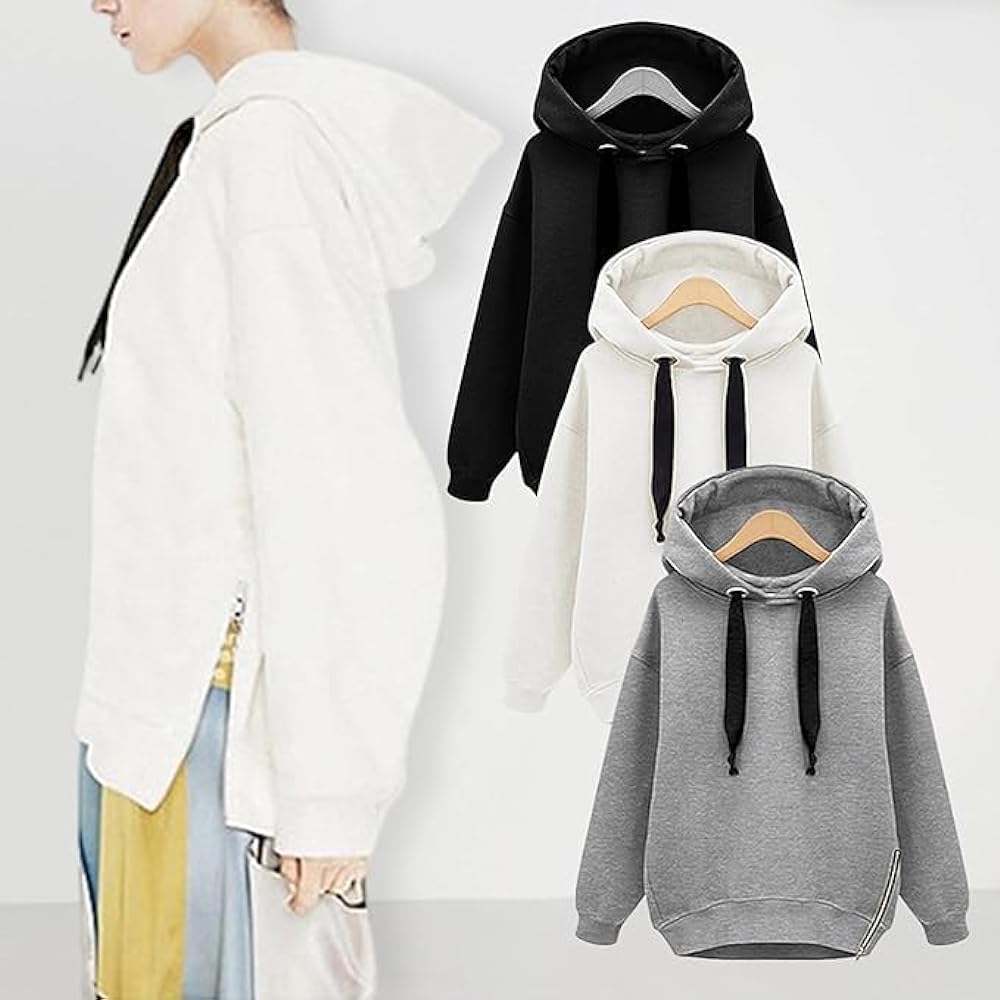 [Tiernyueth] Women's Parka, Sweatshirt, Lace-up, Zip, Side Slit, Long Sleeve, Top, Plain Puff Sleeve, Fleece, Cold Protection, Spring, Autumn, Winter, Stylish, Body Coverage, Simple, Large, Loose, Office, Cute, Pretty, Casual, Commuting